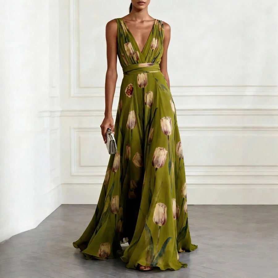 Luisa | Damen Tulpen-Print Chiffon V-Ausschnitt Maxi-Kleid