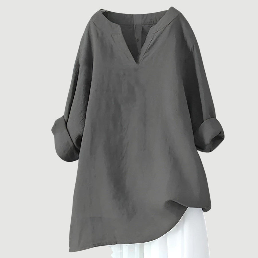 Hannah | Damen Tunika Bluse Luftig Bequem V-Ausschnitt Langarm