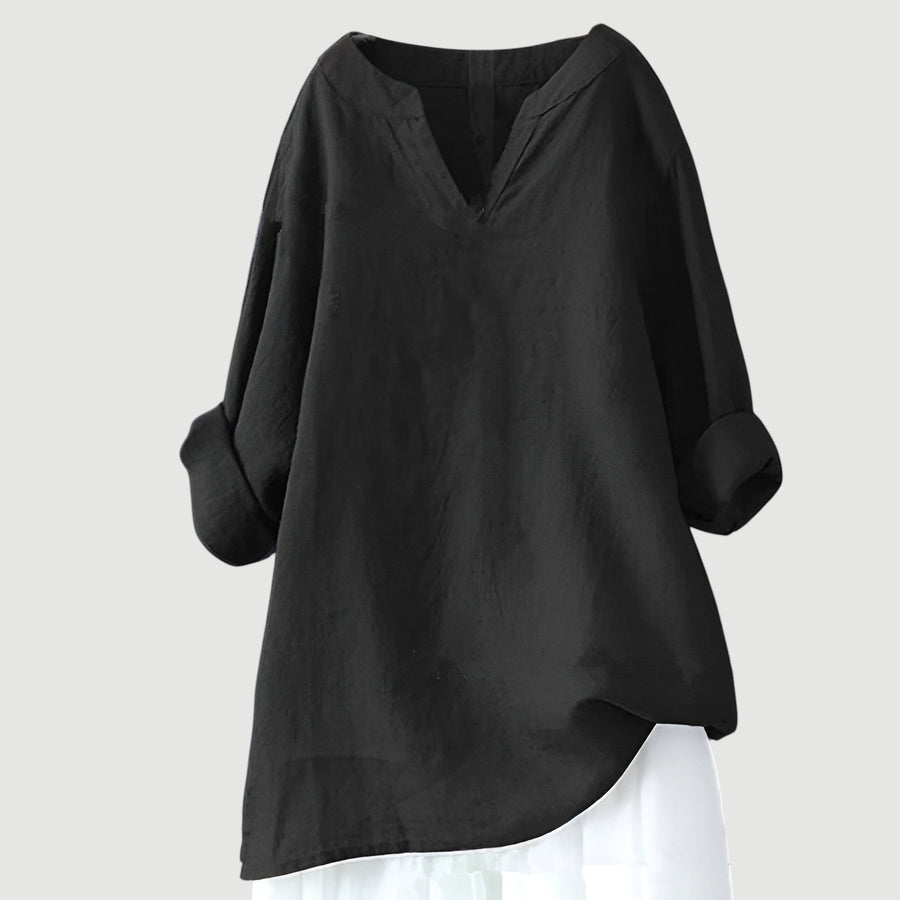 Hannah | Damen Tunika Bluse Luftig Bequem V-Ausschnitt Langarm