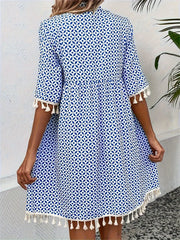 Damen Tunika Minikleid mit Quasten in weiß und blauem Muster