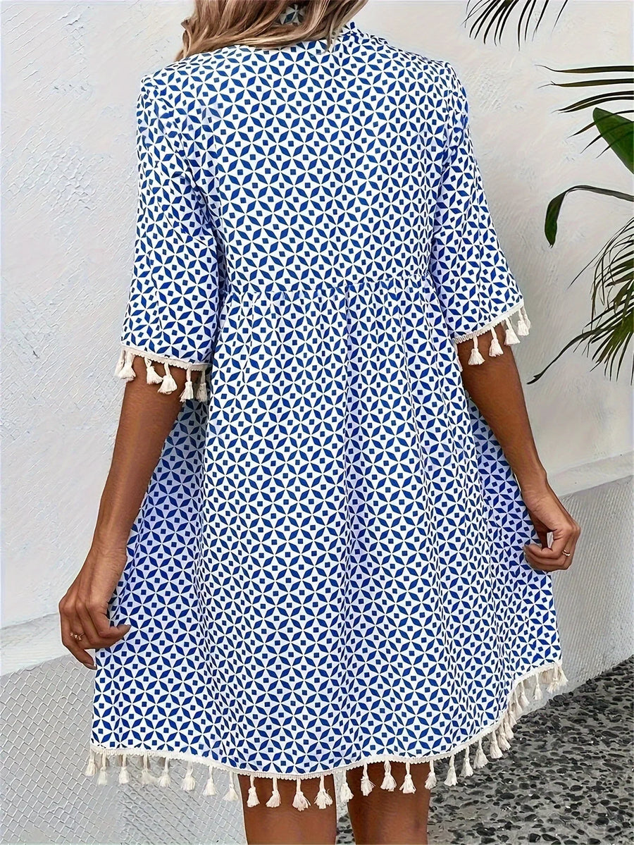 Damen Tunika Minikleid mit Quasten in weiß und blauem Muster