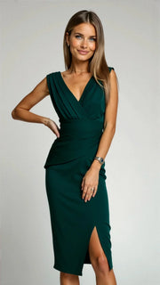 Damen Midikleid mit V-Ausschnitt gerafften Details und Schlitz