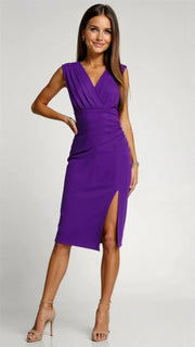 Damen Midikleid mit V-Ausschnitt gerafften Details und Schlitz