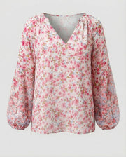 Damen V-Ausschnitt Bluse mit Blumenmuster und langen Ärmeln