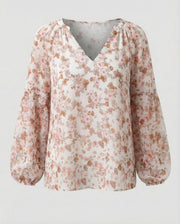 Damen V-Ausschnitt Bluse mit Blumenmuster und langen Ärmeln