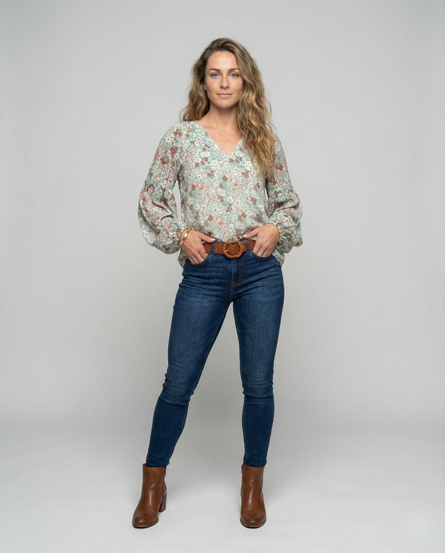 Damen V-Ausschnitt Bluse mit Blumenmuster und langen Ärmeln