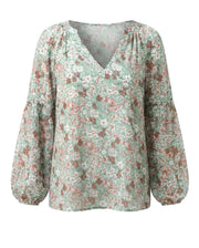Damen V-Ausschnitt Bluse mit Blumenmuster und langen Ärmeln