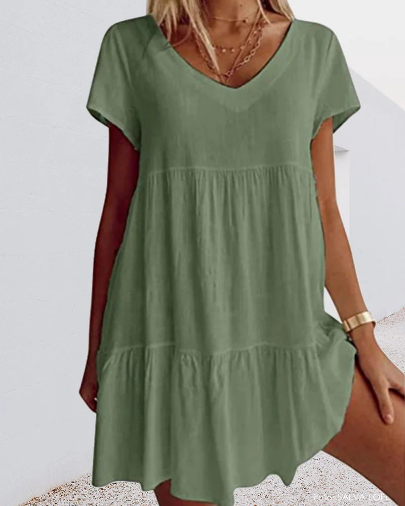 Damen Minikleid mit V-Ausschnitt, Rüschen und kurzen Ärmeln