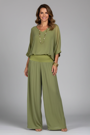 Damen V-Ausschnitt Oberteil und Weite Hose Set