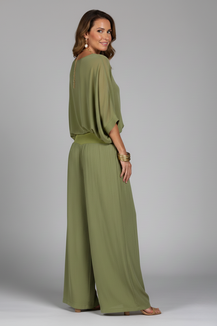 Damen V-Ausschnitt Oberteil und Weite Hose Set