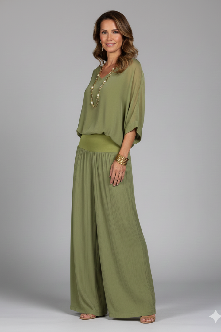 Damen V-Ausschnitt Oberteil und Weite Hose Set