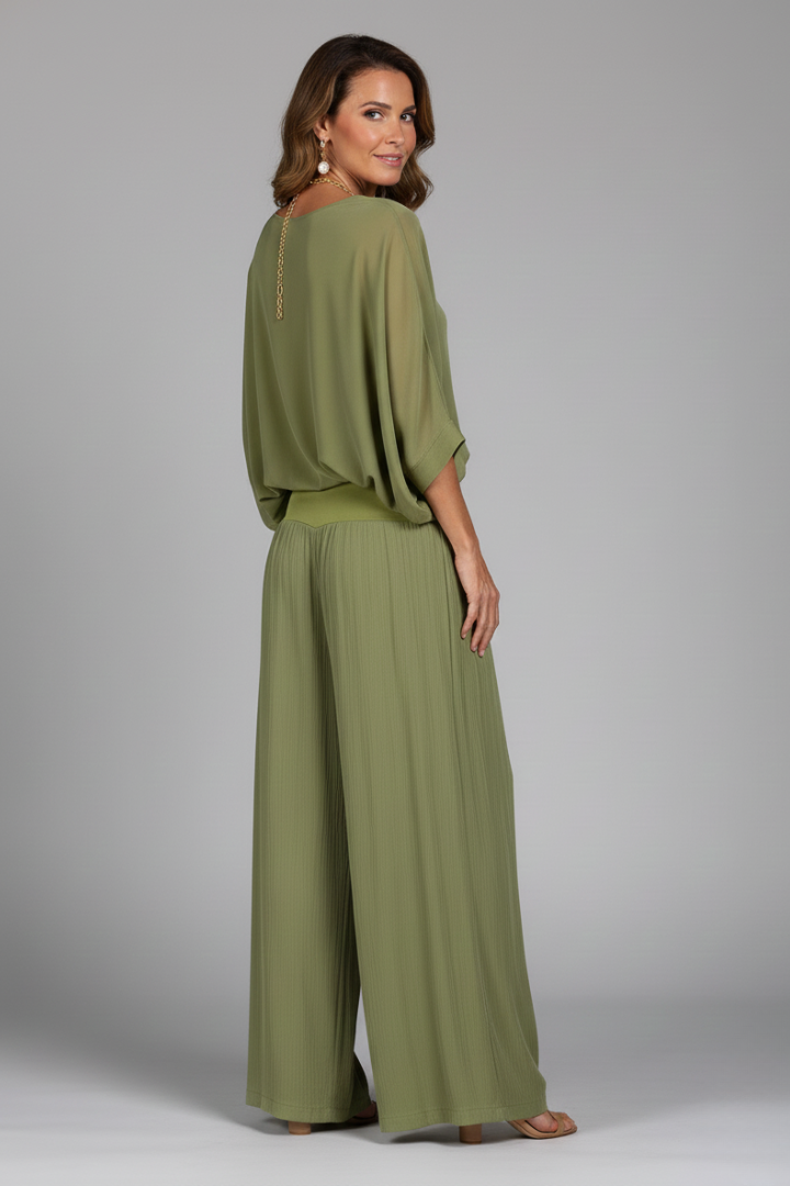 Damen V-Ausschnitt Oberteil und Weite Hose Set