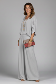 Damen V-Ausschnitt Oberteil und Weite Hose Set