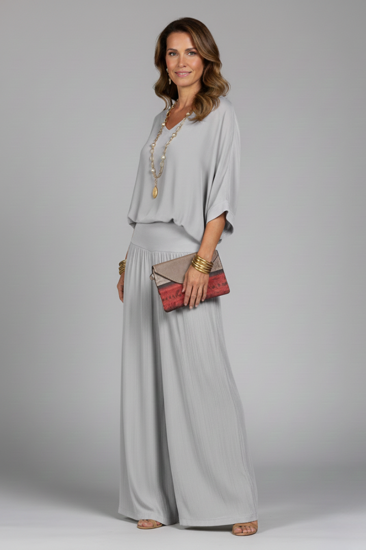 Damen V-Ausschnitt Oberteil und Weite Hose Set