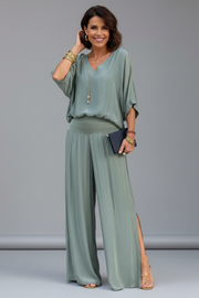 Damen V-Ausschnitt Oberteil und Weite Hose Set
