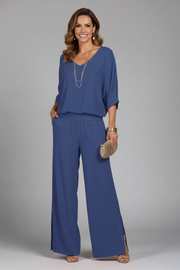 Damen V-Ausschnitt Oberteil und Weite Hose Set
