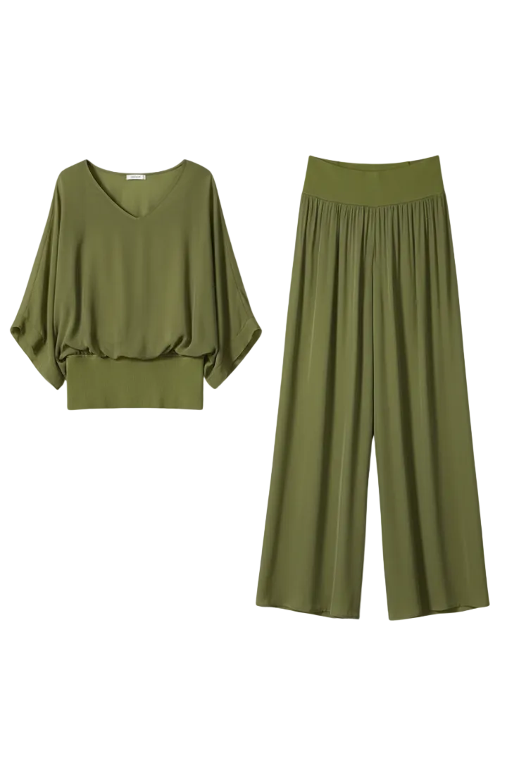 Damen V-Ausschnitt Oberteil und Weite Hose Set