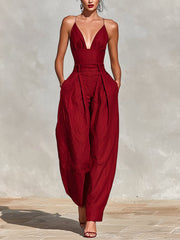 Greta | Damen Weites Leinen Trägerkleid Hohe Taille V-Ausschnitt