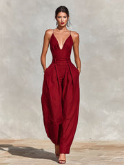 Greta | Damen Weites Leinen Trägerkleid Hohe Taille V-Ausschnitt