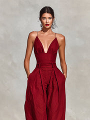 Greta | Damen Weites Leinen Trägerkleid Hohe Taille V-Ausschnitt