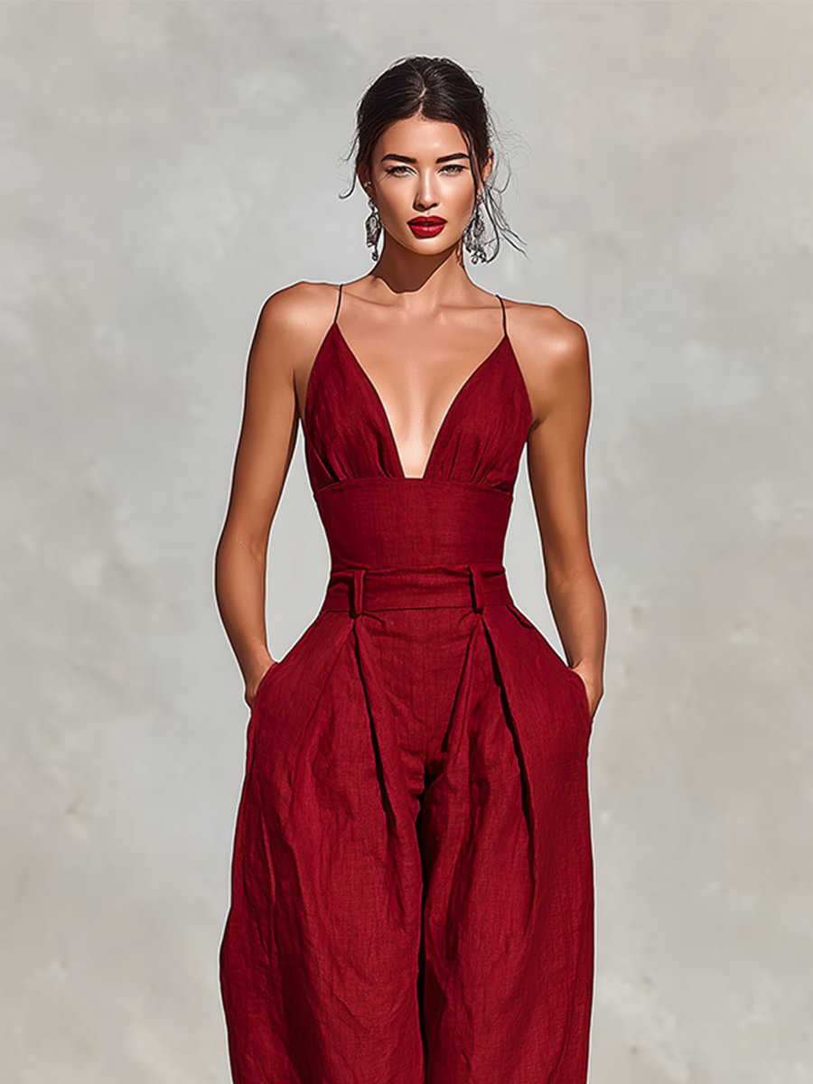 Greta | Damen Weites Leinen Trägerkleid Hohe Taille V-Ausschnitt