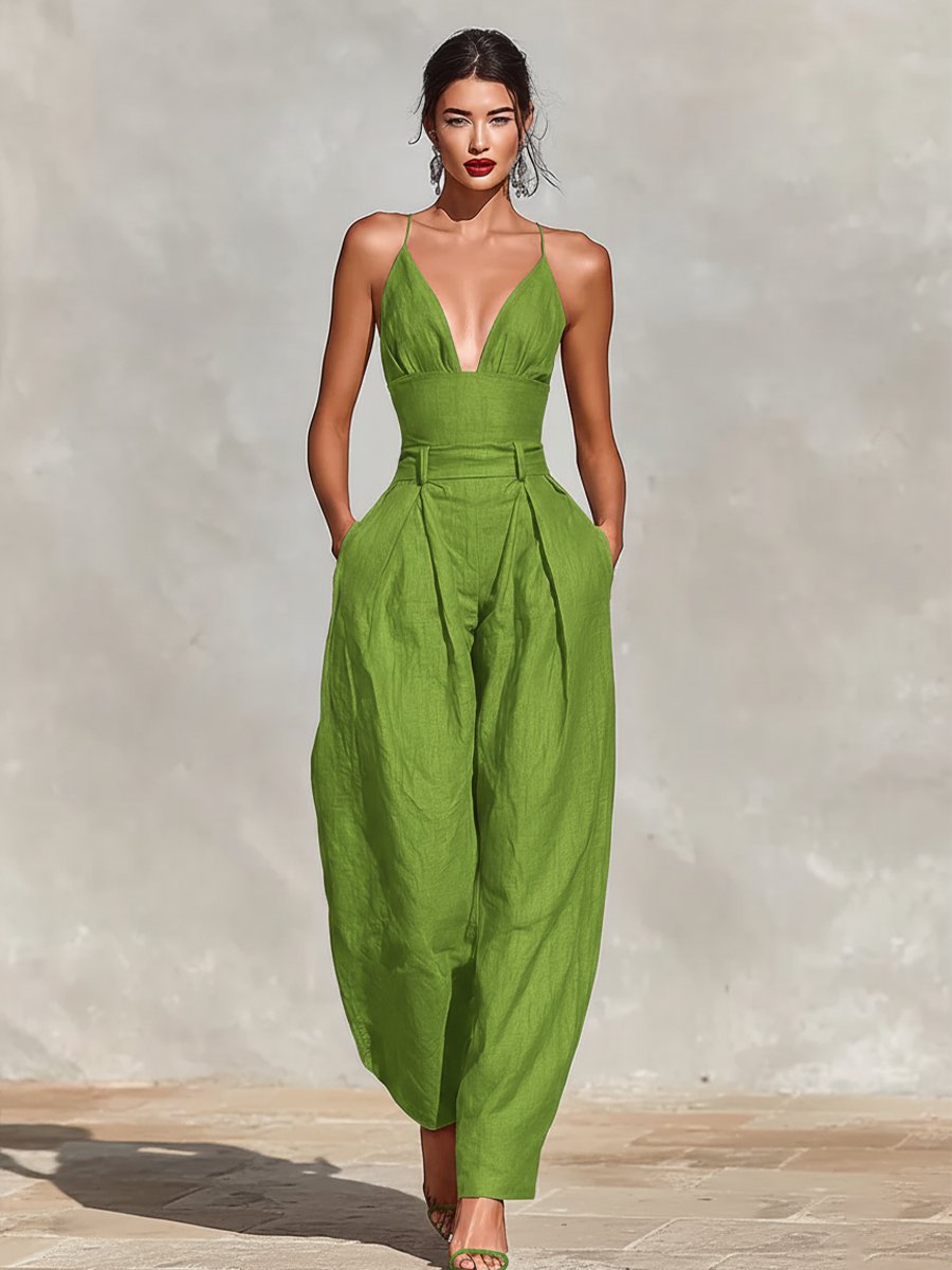 Greta | Damen Weites Leinen Trägerkleid Hohe Taille V-Ausschnitt