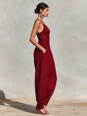 Greta | Damen Weites Leinen Trägerkleid Hohe Taille V-Ausschnitt