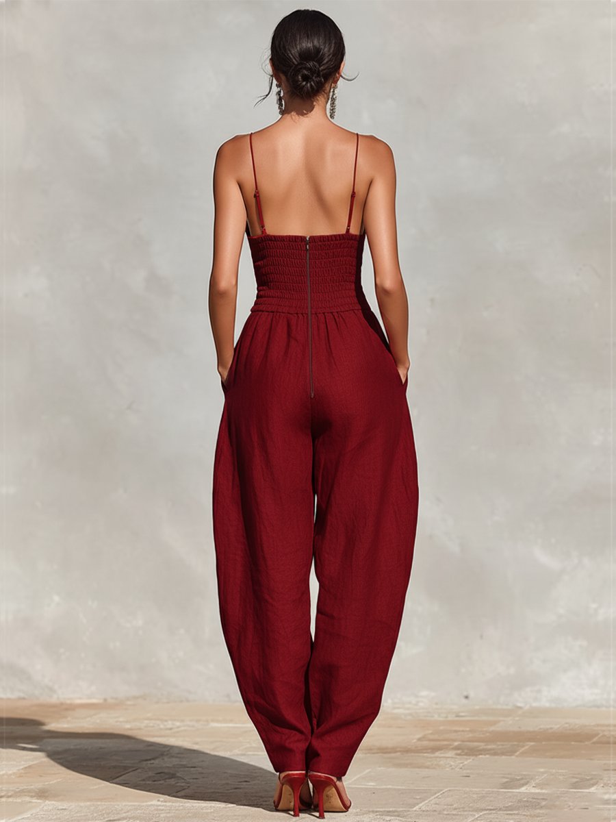 Greta | Damen Weites Leinen Trägerkleid Hohe Taille V-Ausschnitt