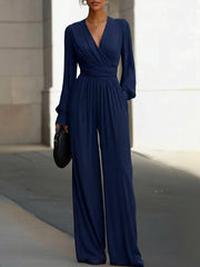 Katharina | Damen Wickel Jumpsuit Langarm Weites Bein V-Ausschnitt