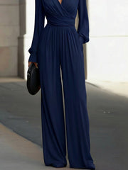 Katharina | Damen Wickel Jumpsuit Langarm Weites Bein V-Ausschnitt