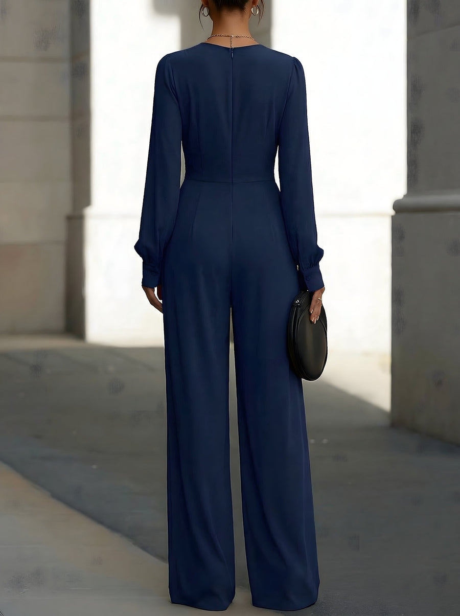Katharina | Damen Wickel Jumpsuit Langarm Weites Bein V-Ausschnitt