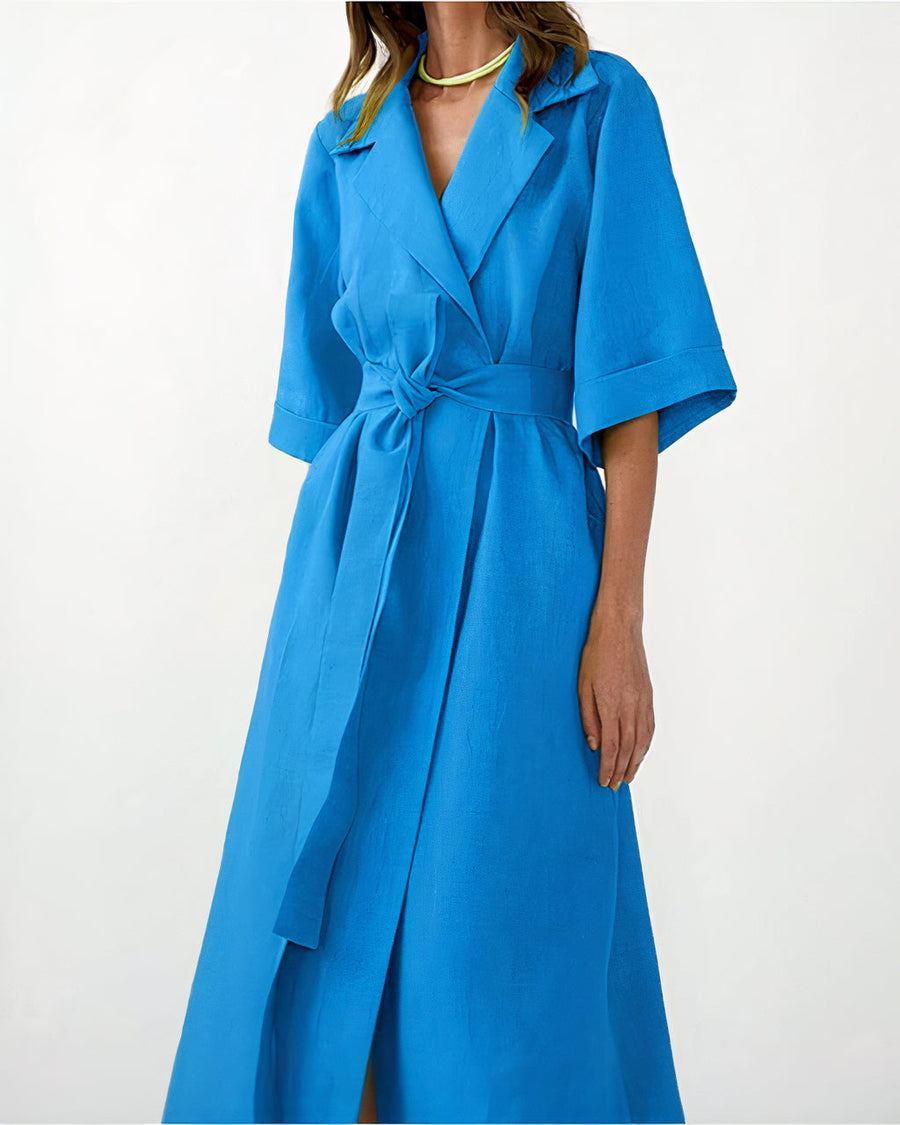 Damen Wickel-Midikleid mit Reverskragen, Weiten Ärmeln und Taillenband
