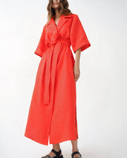 Damen Wickel-Midikleid mit Reverskragen, Weiten Ärmeln und Taillenband