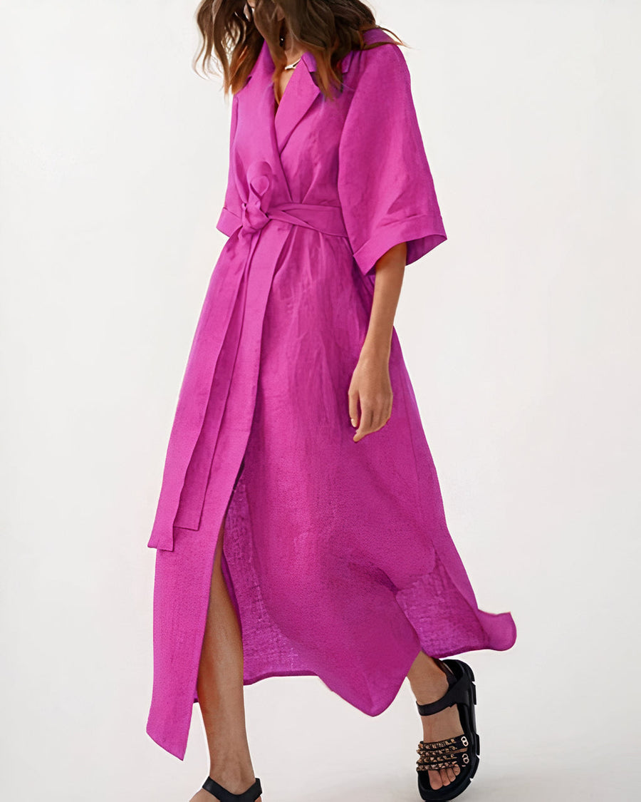 Damen Wickel-Midikleid mit Reverskragen, Weiten Ärmeln und Taillenband