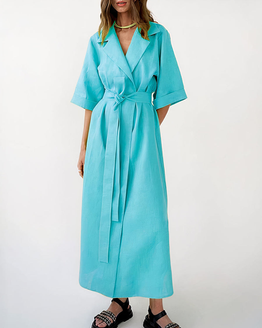 Damen Wickel-Midikleid mit Reverskragen, Weiten Ärmeln und Taillenband