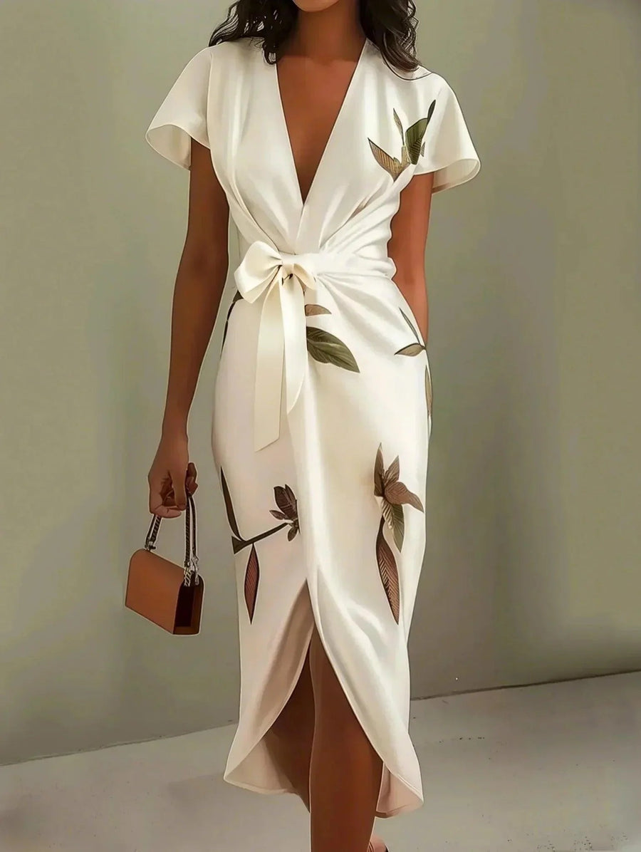 Annika | Damen Wickelkleid Midi V-Ausschnitt Blättermuster