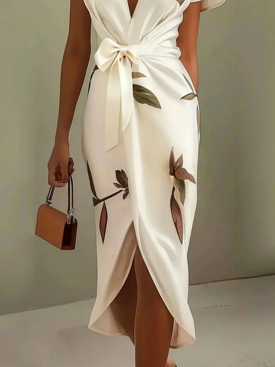 Annika | Damen Wickelkleid Midi V-Ausschnitt Blättermuster