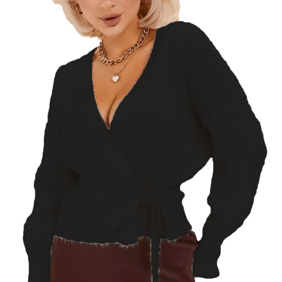 Damen Wickelstrickpullover mit V-Ausschnitt und Bindegürtel