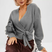 Damen Wickelstrickpullover mit V-Ausschnitt und Bindegürtel