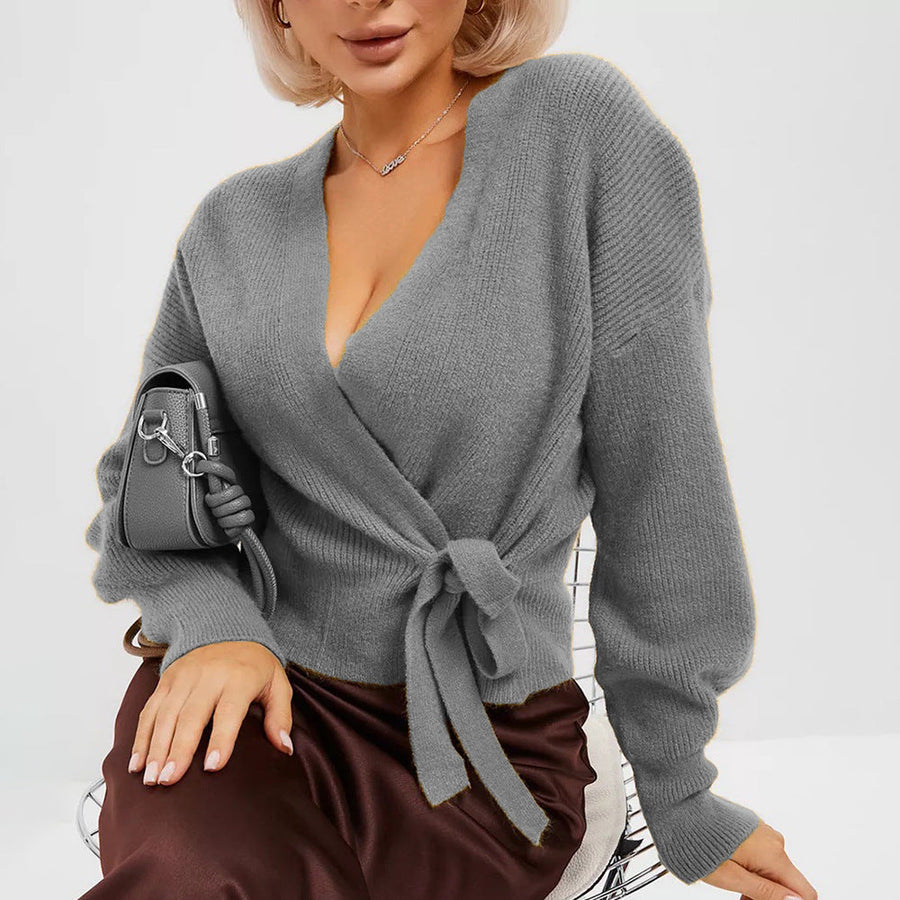 Damen Wickelstrickpullover mit V-Ausschnitt und Bindegürtel