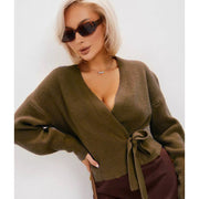 Damen Wickelstrickpullover mit V-Ausschnitt und Bindegürtel