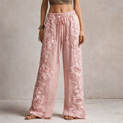 Hannah | Damen Wide-Leg Hose mit floraler Stickerei elastischer Bund