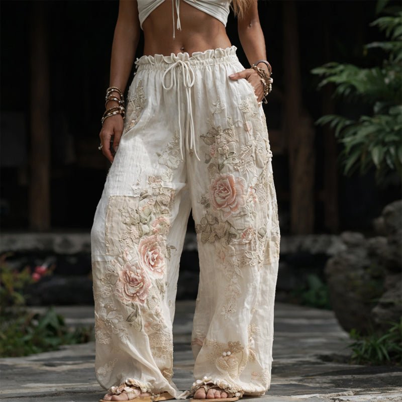 Hannah | Damen Wide-Leg Hose mit floraler Stickerei elastischer Bund