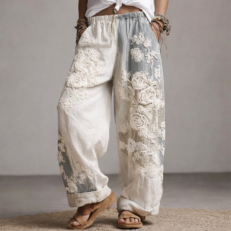 Hannah | Damen Wide-Leg Hose mit floraler Stickerei elastischer Bund