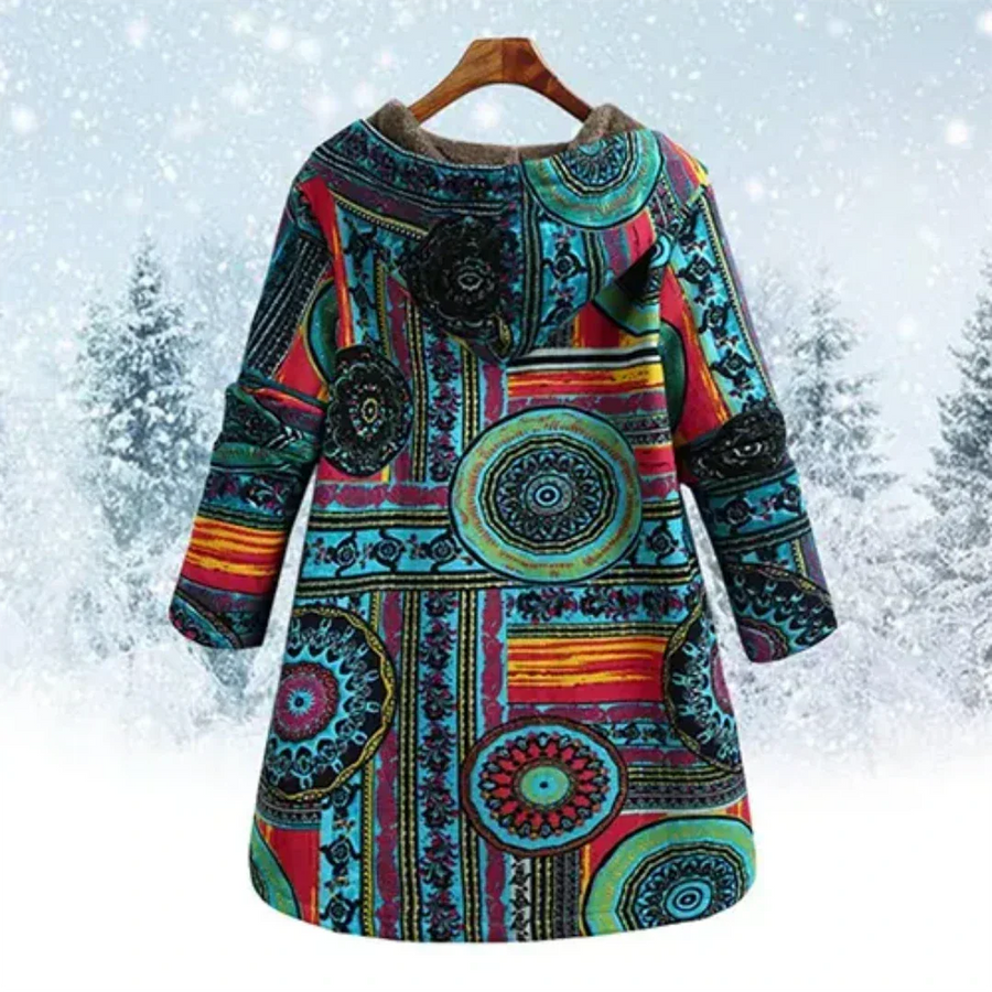 Damen Winter Fleecejacke mit Kapuze in Patchwork Optik