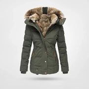 Damen Winterjacke mit Kunstpelz-Kapuze und Taillenzug