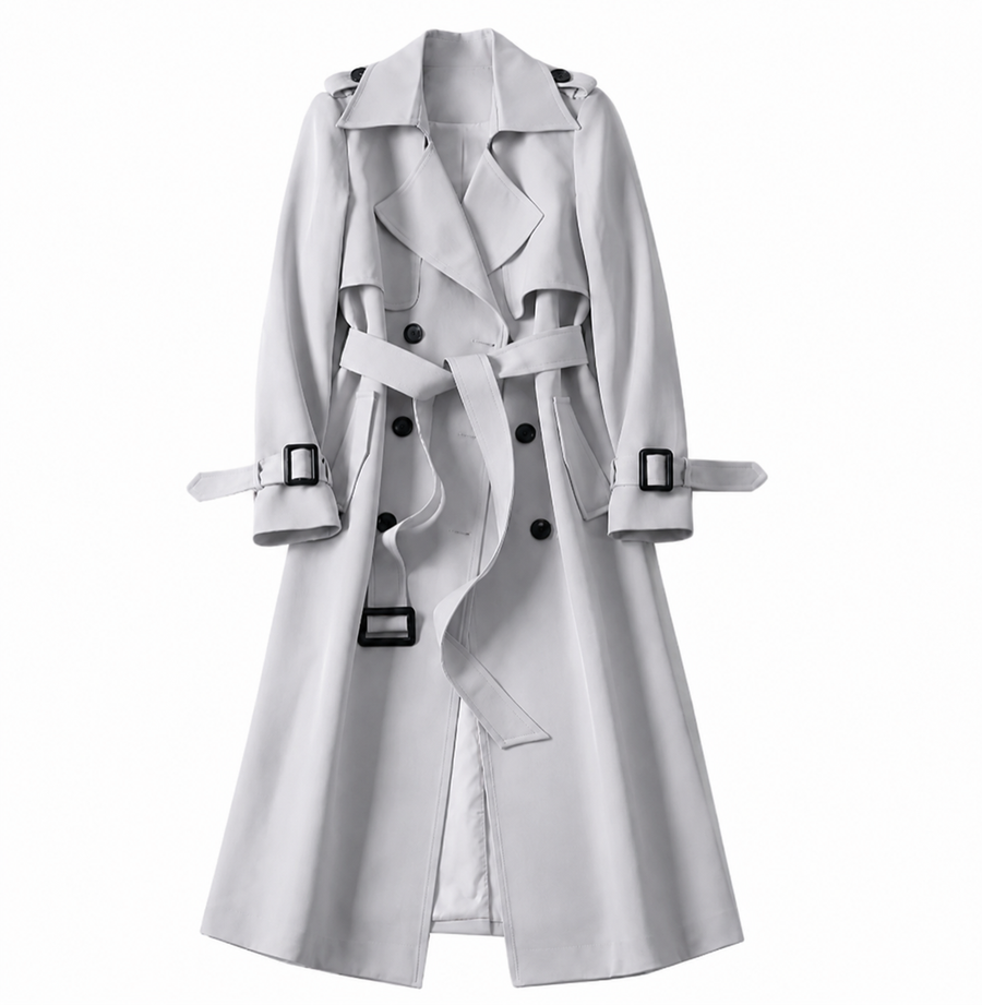 Damen Zweireihiger Trenchcoat mit Gürtel und Reverskragen sowie Ärmelriemen
