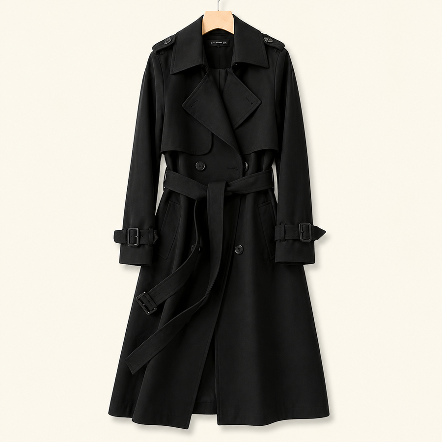 Damen Zweireihiger Trenchcoat mit Gürtel und Reverskragen sowie Ärmelriemen