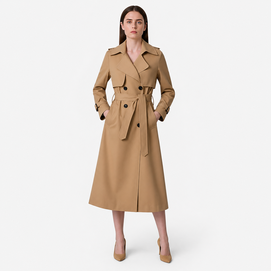 Damen Zweireihiger Trenchcoat mit Gürtel und Reverskragen sowie Ärmelriemen