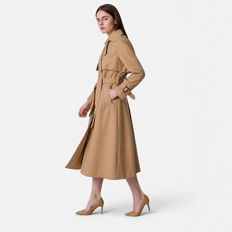 Damen Zweireihiger Trenchcoat mit Gürtel und Reverskragen sowie Ärmelriemen